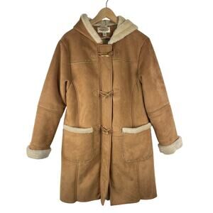 Talbots Camel Faux Suede Shearling Hooded Coat Penny Lane Jacket Women's Medium